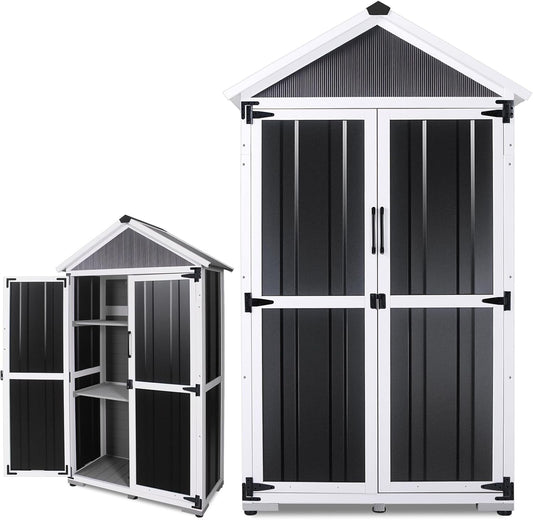 Outdoor Storage shed Small Storage shed with Floor Wooden Frame Lockable Metal Door Adjustable Shelves Cabinets Waterproof Large Capacity Storage Tool Cabinet Box for Backyard Garden Patio Lawn