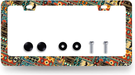 Ethnic Tribal Texture License Plate Frame Boho License Plate Holder Stainless Steel Funny Colorful Car Accessories Decoration 6.3" X 12.3" with 2 Holes Screws