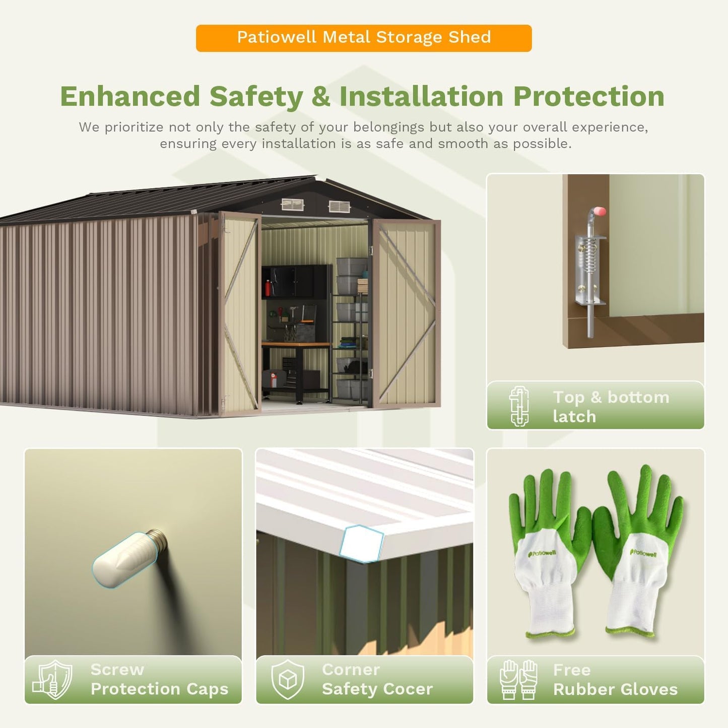 Patiowell 10 x 12 FT Metal Storage Shed for Outdoor with Floor Frame, Steel Yard Shed with Design of Lockable Doors, Utility and Tool Storage for Garden, Backyard, Patio, Outside use,Brown