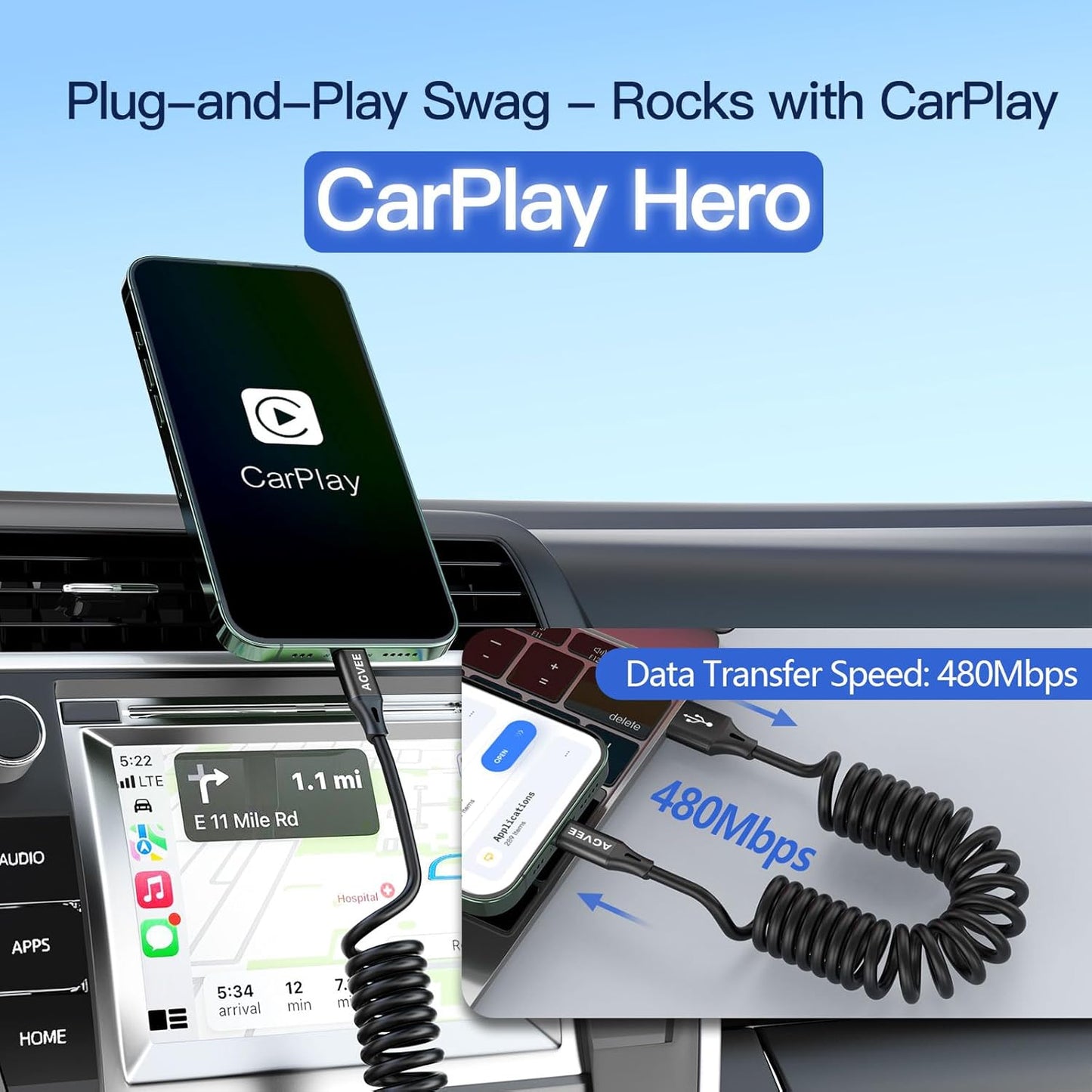 AGVEE 2 Pack 5ft Coiled Short USB to USB-C Charging Cable [USB-IF Certified] 3A Fast Charger Cord in Car for iPhone 16/15 CarPlay, Galaxy S25 S24 S23 S22 S21 S10 S9 S8, Google Pixel, Black