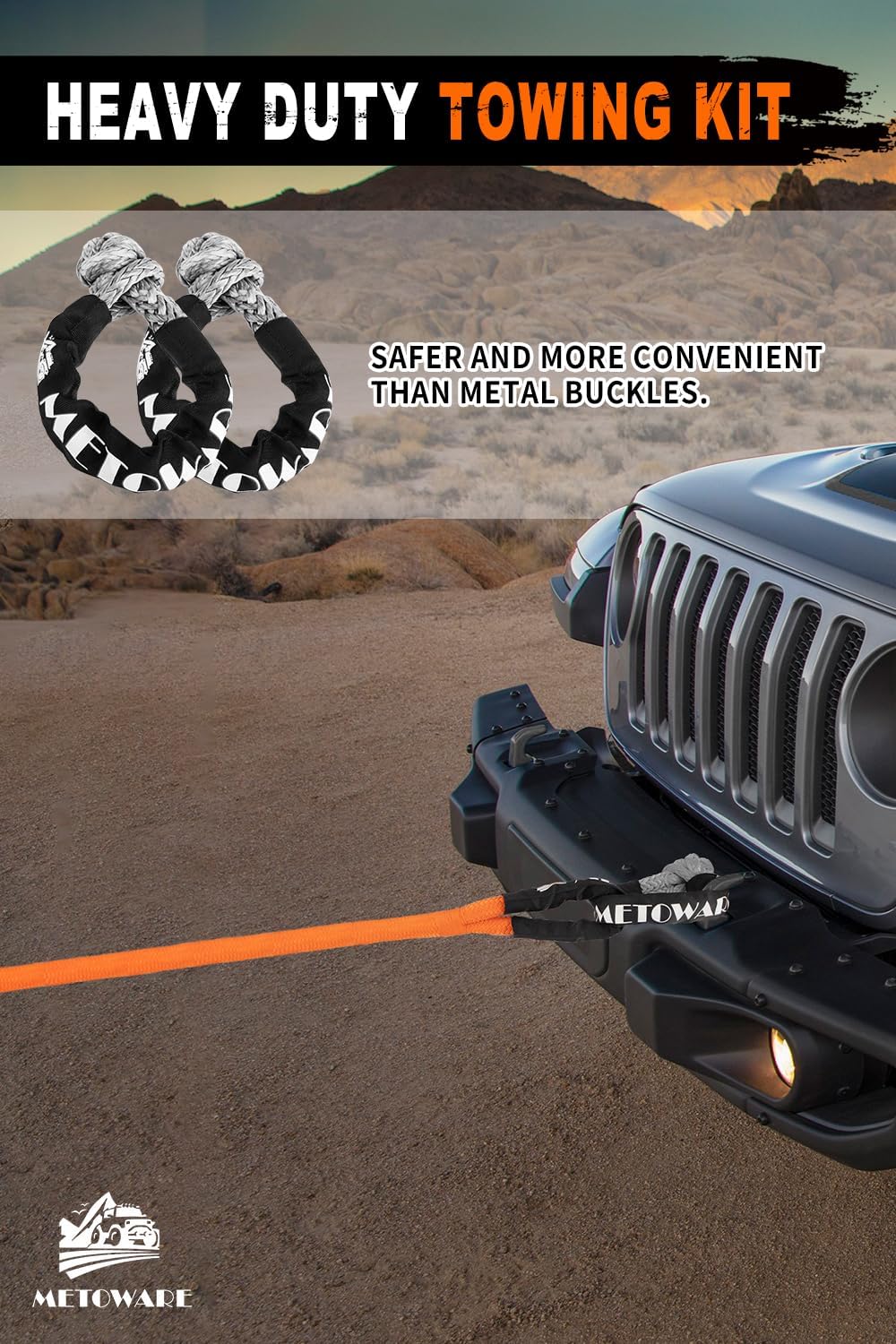 Metoware Kinetic Recovery Rope Kit with 2 Soft Shackles, 56000lbs, 1.25'' X 30FT, Heavy Duty Tow Rope for UTV, ATV, Truck, Tractor