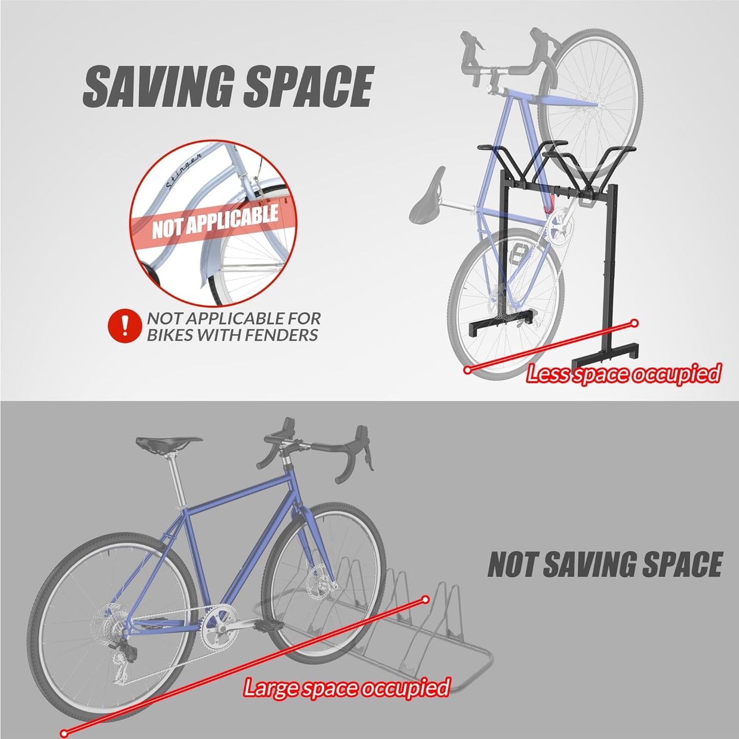 2 Bikes Floor Stand,Adjustable Bicycle Parking Rack with Hook for Garage/Indoor/Outdoor,Metal Cycle Storage Organizer Rack for Road Bikes
