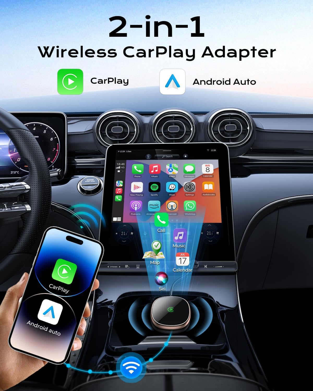 Wireless Carplay Adapter for iPhone & Android Auto 2-in-1, Stable, Plug & Play Low Delay Carplay Wireless Adapter Convert Wired to Wireless Apple Car Play Dongle for iOS 10+/Android 11+(Titanium)