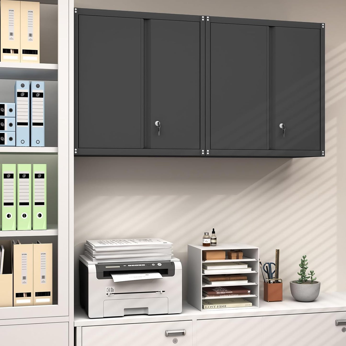 GREATMEET Metal Wall Cabinet, Wall Mounted Cabinet with Doors and Adjustable Shelf, Metal Storage Cabinet with Lock, Wall Cabinet for Garage, Pantry, Utility Room, Black