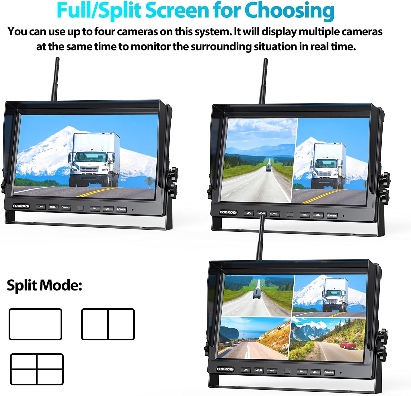 Fookoo HD 1080P 10" Wireless Backup Camera, 10-inch Dual/Quad Split Monitor, Supports 4 Cameras, IP69 Waterproof Rear View Camera Parking Lines, Recording w/ 32GB SD Card for RV/Trailer/Truck (DW101)