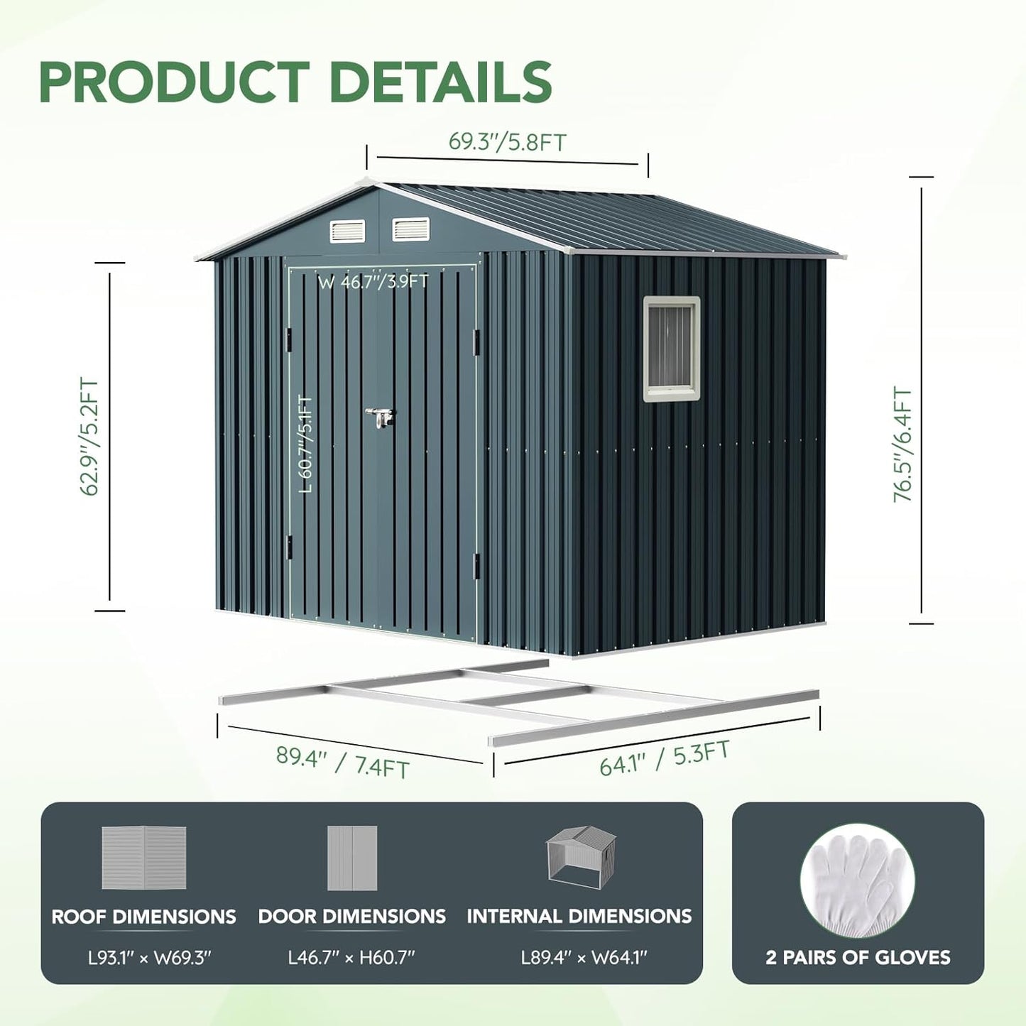 6X8X6.4FT Outdoor Steel Storage Shed with Lockable Doors, Frame Floor (No Wood/Other Boards),One Clear Window,Ideal for Garden, Backyard, Patio Storage