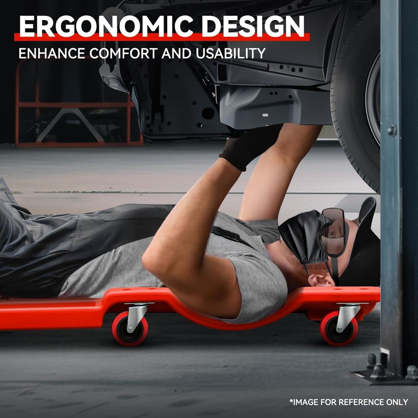 Auto Dynasty 36 Inches Mechanic Creeper, Automotive Garage Repair Low Profile Under Car Rolling Creeper with Padded Headrest, Plastic, Red