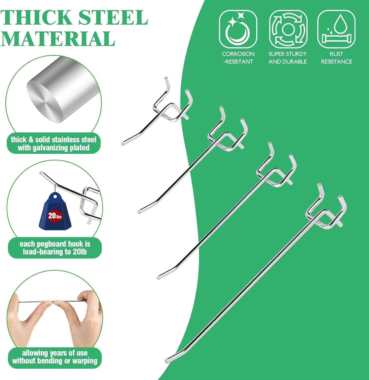 60Pcs 2" 4" 6" 8" Pegboard Hooks Assortment Set, Metal Peg Board Hooks with 2.5mm Hole Pitch 4mm Wire Diameter Slatwall Hanging Hook for Garage Organization Wall Hanging (Silver)