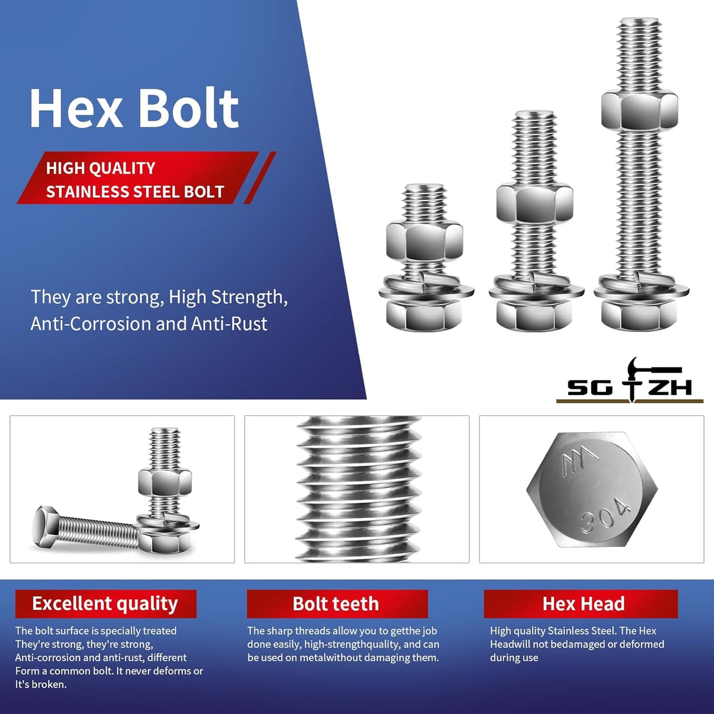3/8-16 x 2-3/8" Hex Head Screw Bolt, Nuts, Flat & Lock Washers, 10Pcs 18-8 (304) Stainless Steel, Fully Threaded, by SG TZH