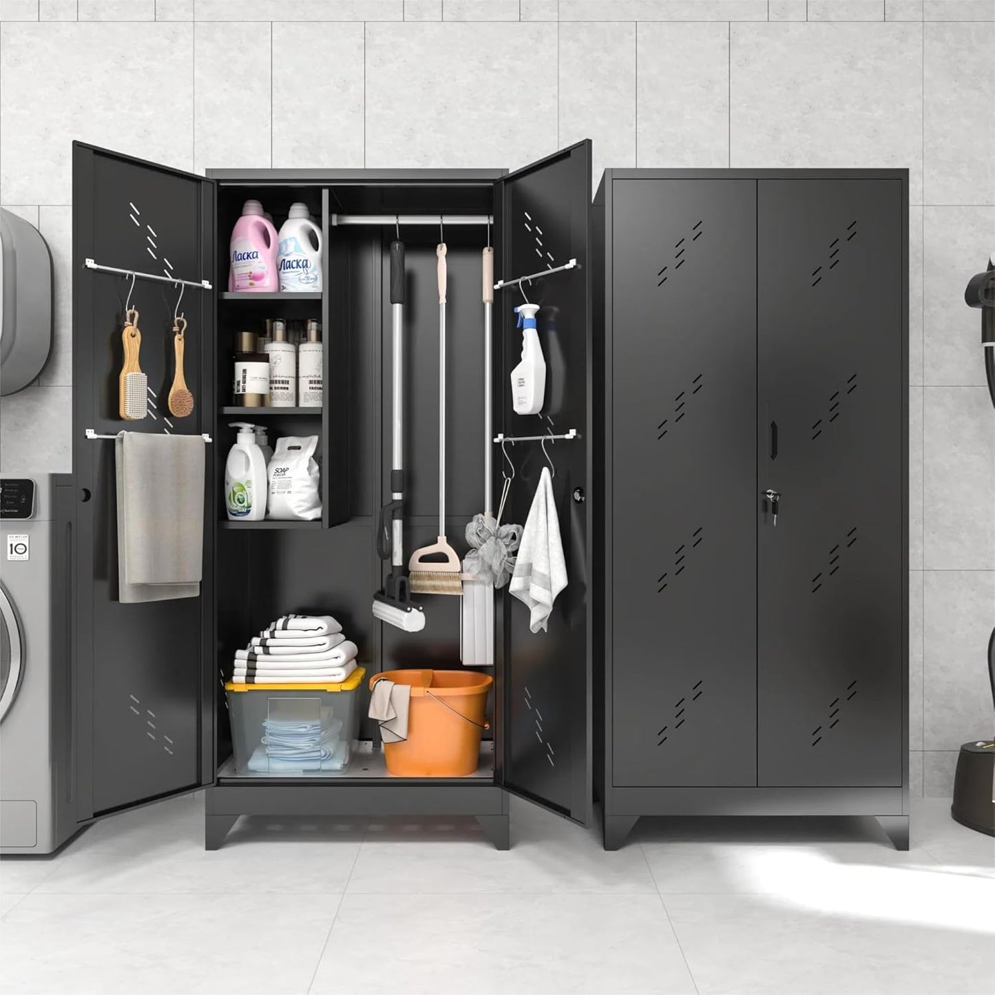 75" Metal Storage Cabinet with Lockable Doors, Functional Garage Storage Cabinet, Tool Chset Garage Organization with Hanging Rod & S-Hooks