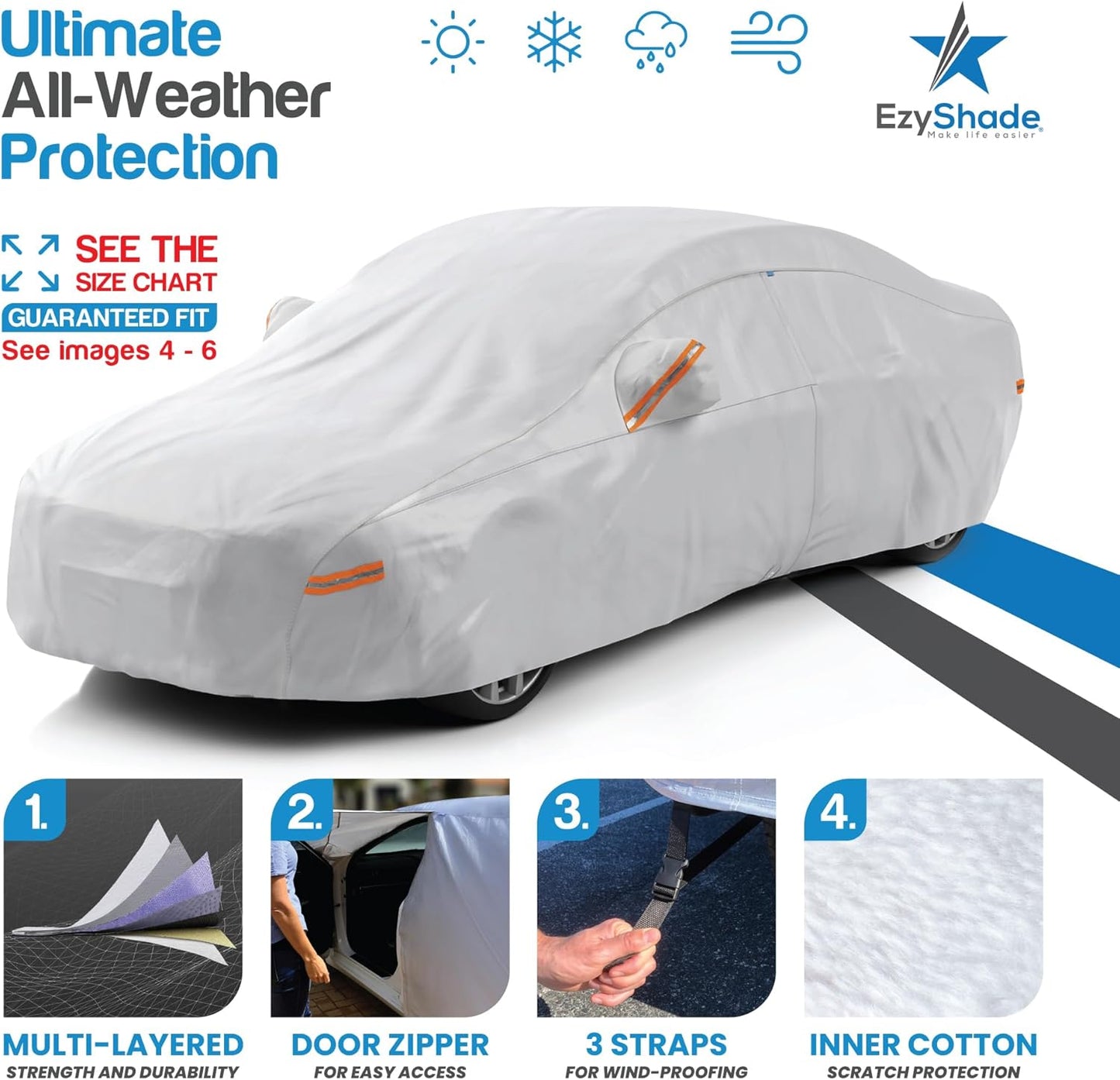 EzyShade 10-Layer Car Cover Waterproof All Weather. See Vehicle Size-Chart for Accurate Fit. Outdoor Full Exterior Covers for Automobiles Sedan Hatch SUV Rain Sun Protection. Size A6 (See SizeChart)
