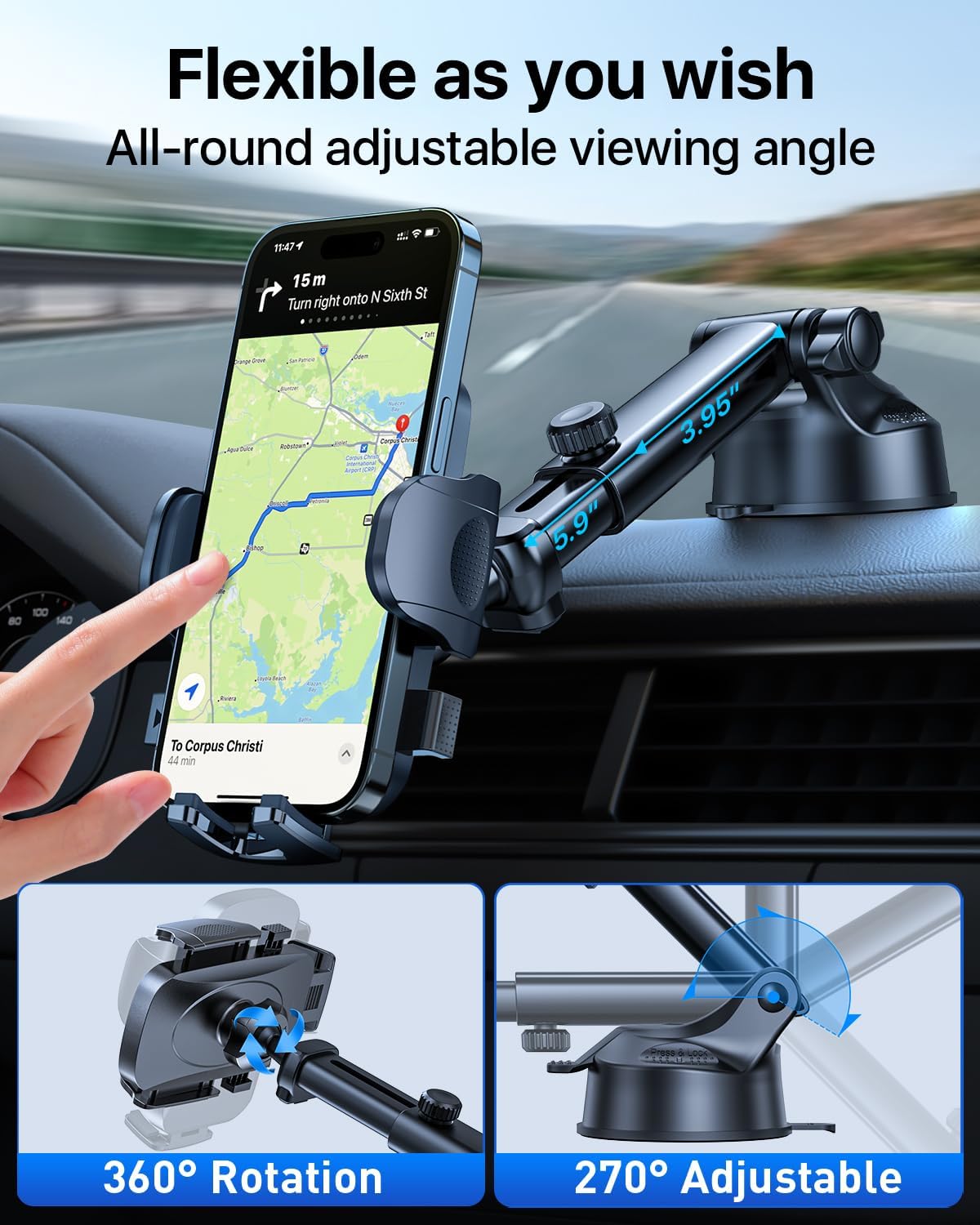 HTU [True Military-Grade] 2025 Upgraded Car Phone Holder 【Safety Certs & No Smell】 Cell Phone Holder for Car Mount for Dashboard Windshield Air Vent Long Arm Thick Case,Green