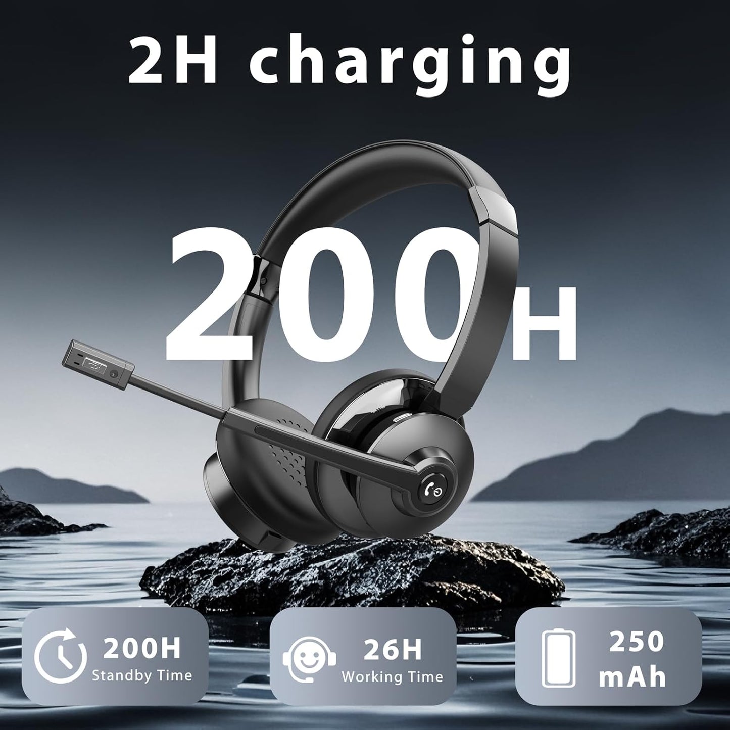 Wireless Headset，Bluetooth Headset with Microphone Noise Cancellation Wireless Headphones with USB Dongle Connection and Microphone Mute for PC/Laptop/Smartphone/Teams/Home