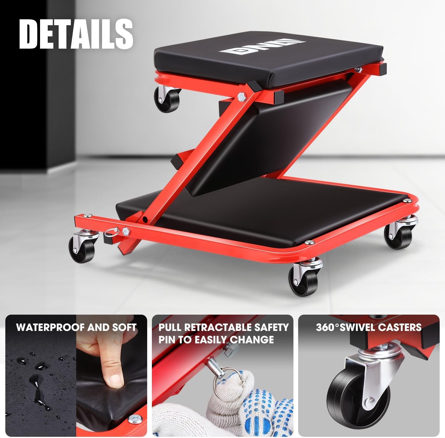 ‎DNA MOTORING TOOLS-00184 36 Inches 2 IN 1 Rolling Folding Car Creeper/Seat, 6 Pcs 2" Casters, 150kg Weight Capacity, Red