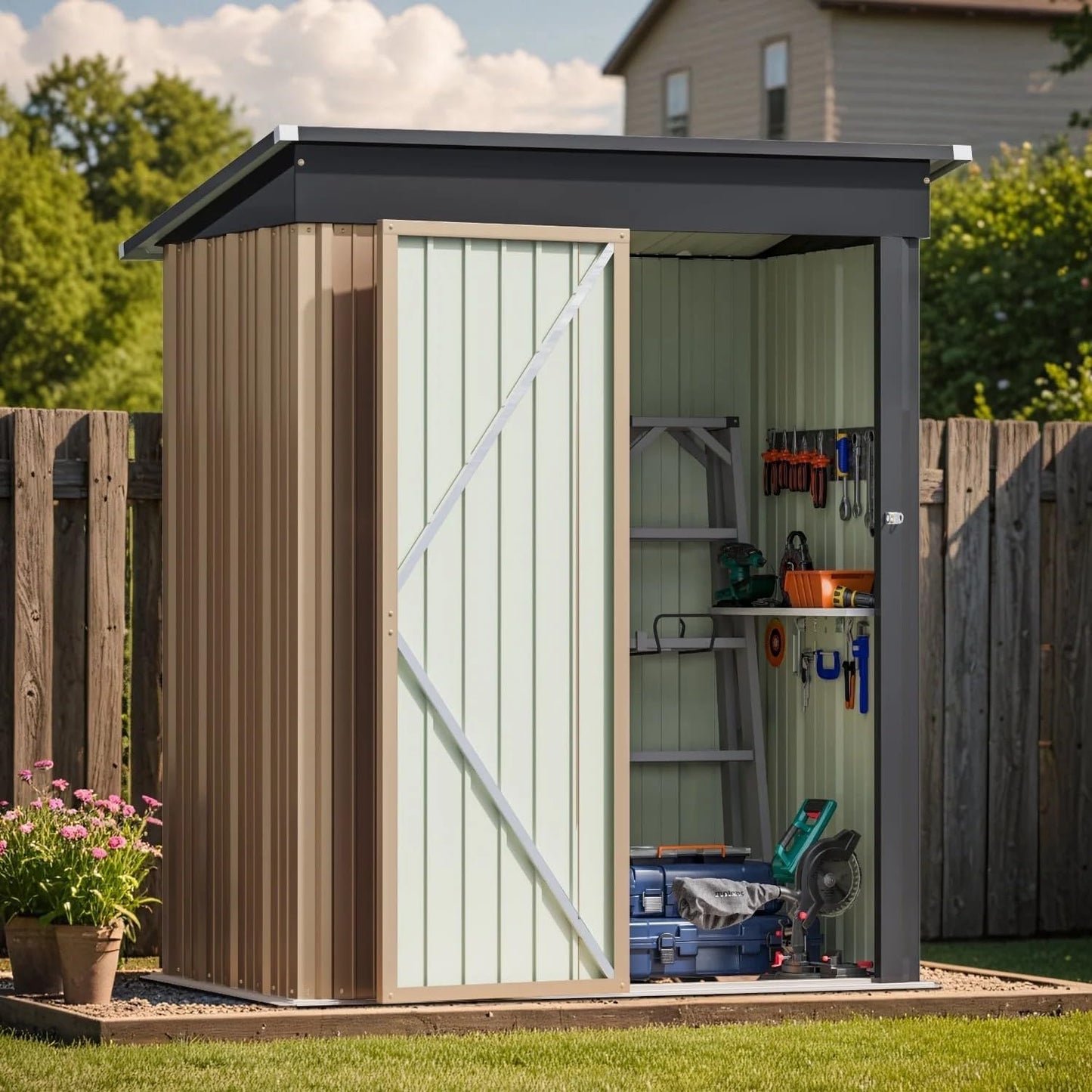 Greesum 5×3FT Outdoor Storage Shed, Metal Patio Storaged Sheds with Lockable Doors, Sheds & Outdoor Storage for Bike, Backyard, Pool and Garden, Brown