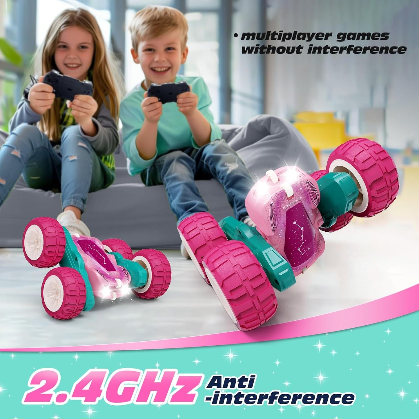 Tecnock Pink Remote Control Car for Girls and Boys, 2.4GHz RC Cars with USB-C Easy Charging, 4WD Double Sided 360° Rotates and Flips RC Stunt Car, Toys Gift for Kids