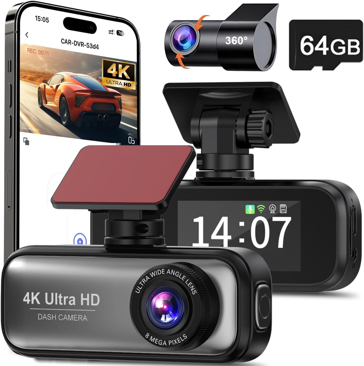 Dash Cam Front and Rear with 64GB Card, 4K+1080P Dual Dash Camera for Cars, Mini Car Camera, APP Control, Built-in Wi-Fi & G-Sensor, 170°Wide Angle, WDR, Night Vision, Loop Recording, Parking Mode