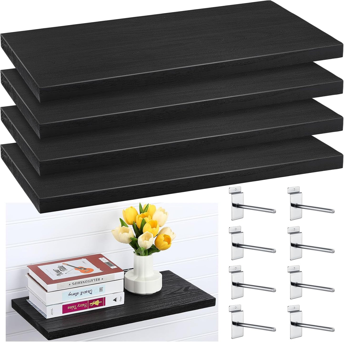 4 Pack Wooden Slatwall Shelf, Black Slatwall Shelves with Metal Hooks Organizer Set Mounted Accessories for Garage Home Workshop Workbench 23.6" x 11.8" x 1.1"