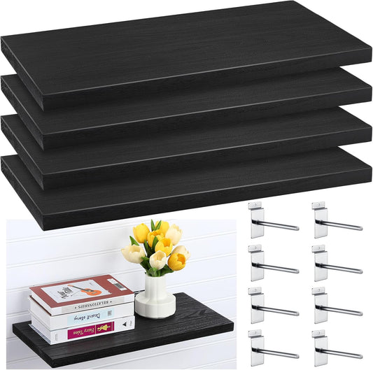 4 Pack Wooden Slatwall Shelf, Black Slatwall Shelves with Metal Hooks Organizer Set Mounted Accessories for Garage Home Workshop Workbench 23.6" x 11.8" x 1.1"