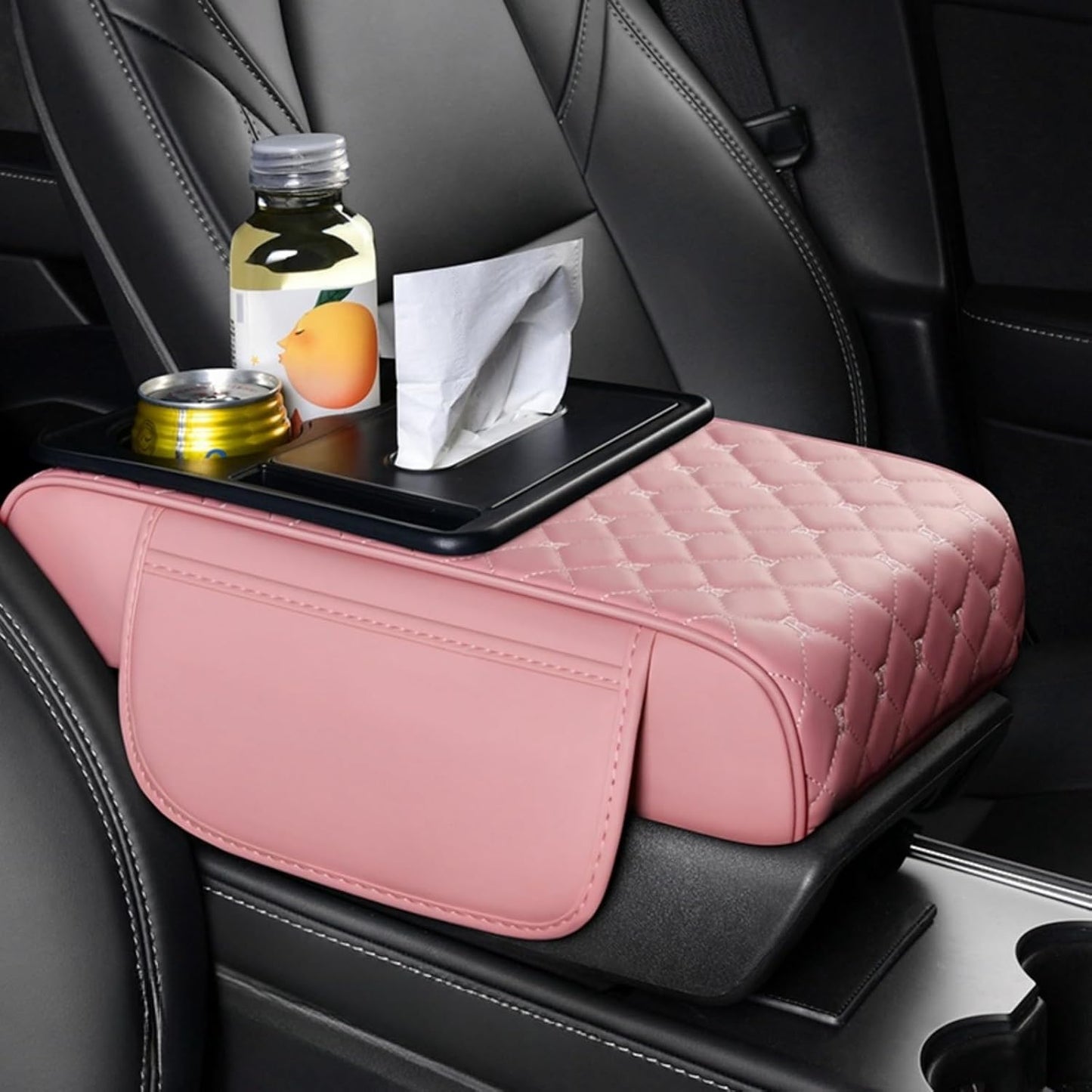 Center Console Cover Organizer, 5-In-1 Arm Rest Cover for Car with Cup Holder & Storage Pocket & Tissue Holder, Armrest Cover Cushion Pad, Grid, Rose-Tinted