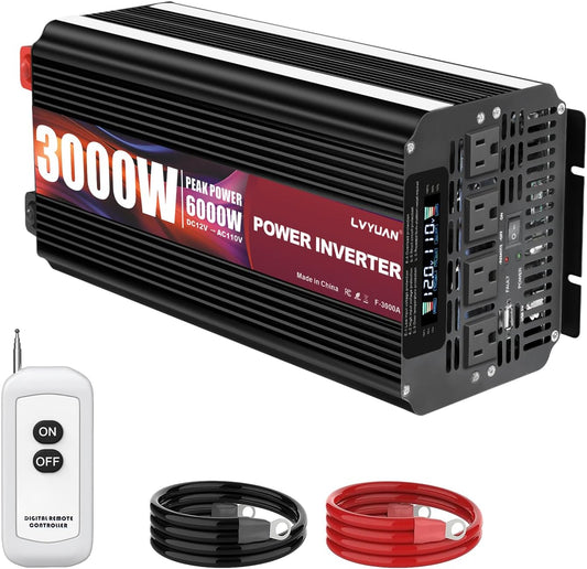 LVYUAN 3000 Watt Power Inverter 12V to 110V 120V for Vehicle, Solar Inverter System, Heavy Duty, RV, Truck, Off Grid,Camping with 4 AC Outlets, LCD Display, Wireless Remote Control, Car Power Inverter