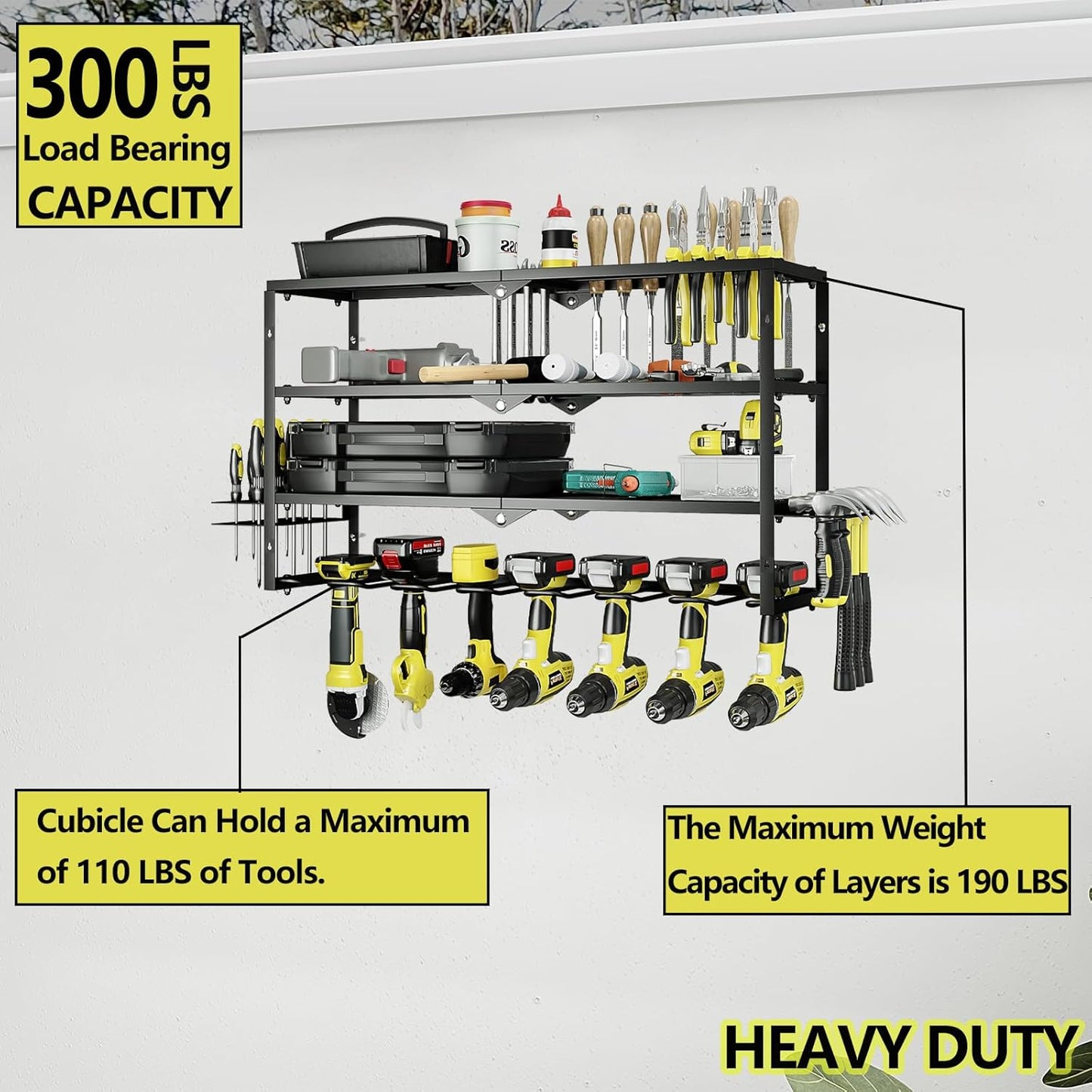 AZERPIAN Tool Organizer Heavy Duty Power Wall Mount for Drill and Cordless Tools Heavy Duty Rack for Garage Organization Workshop Pegboard (3 Layers 7 Slots)