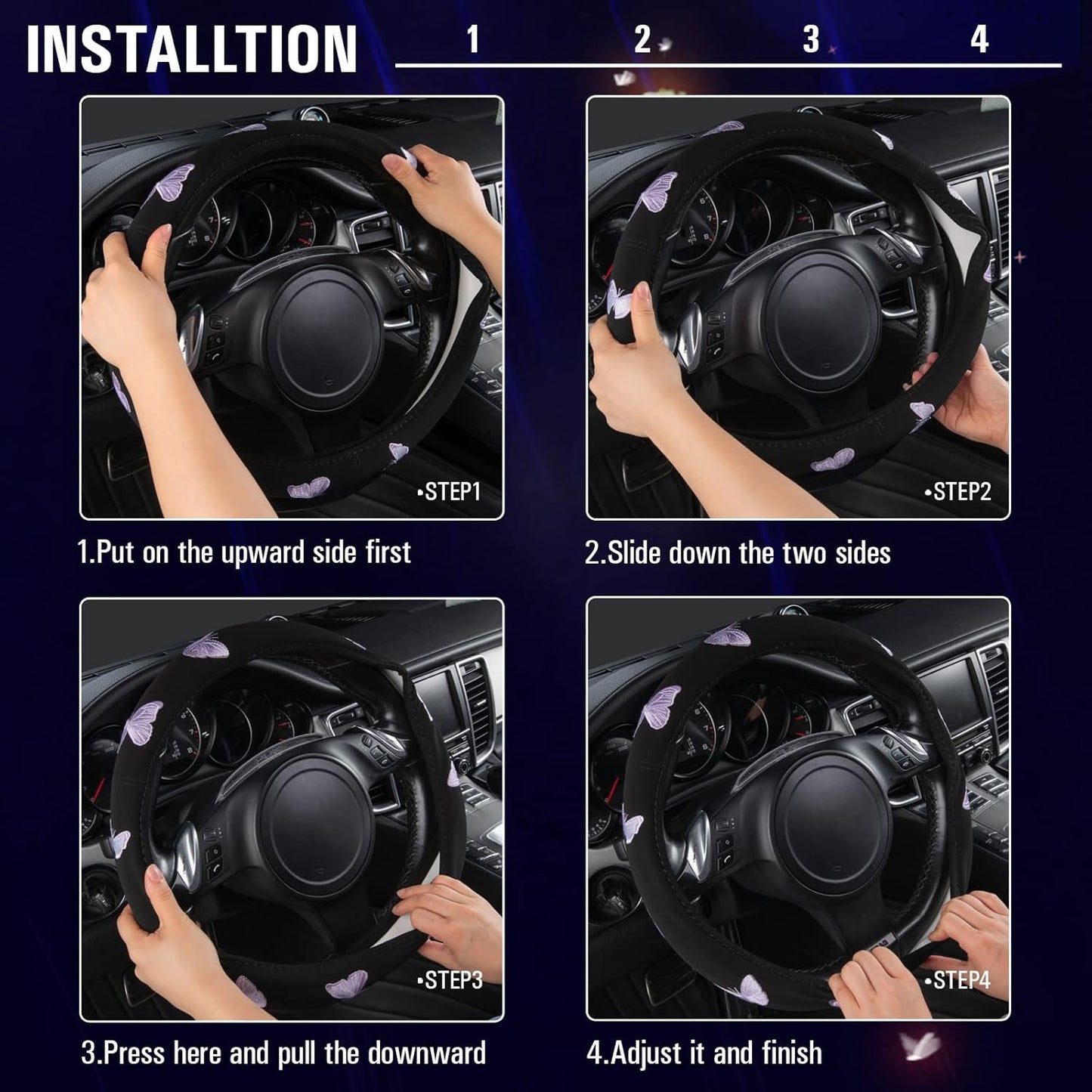 Car Pass Purple Embroidery Butterfly Steering Wheel Cover, Universal 15 Inch Car Wheel Cover for Women Girls, Fit for Suvs,Small Trucks,Sedans,Cars (Black and Purple)