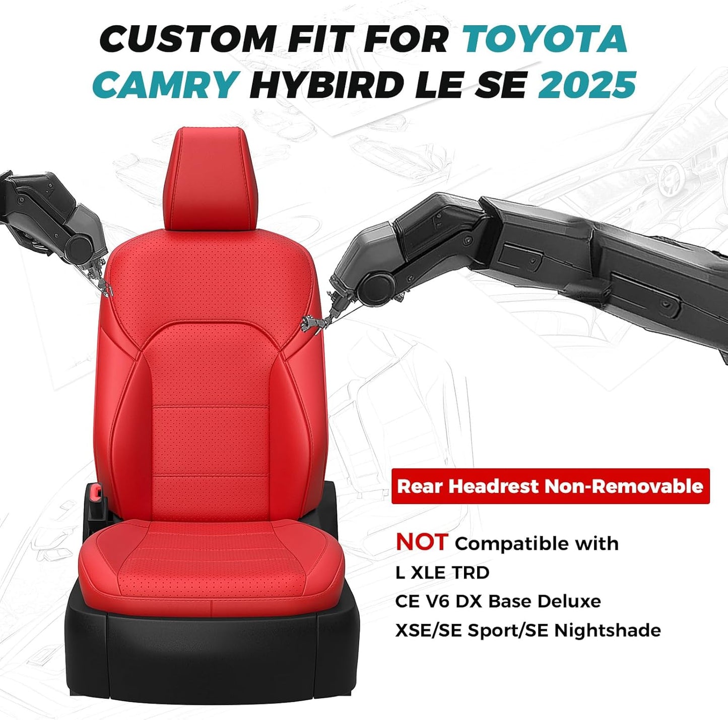 Leather Seat Covers for Toyota Camry 2025 LE SE Hybrid - Custom Fit Car Seat Cover Full Set, Luxury Waterproof Interior Accessories, Breathable Automotive Cushion Protectors, Red