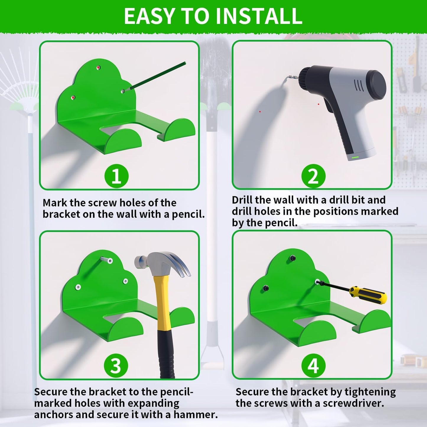 Trimmer Rack Wall Mount, Heavy Duty Weed Eater Hanger for Grass Trimmer, Hedge Trimmer, Leaf Blower, Chainsaw, Garage Organizer Tool Holder with 6.2" Hook for Garage Storage Shed Organization, Green