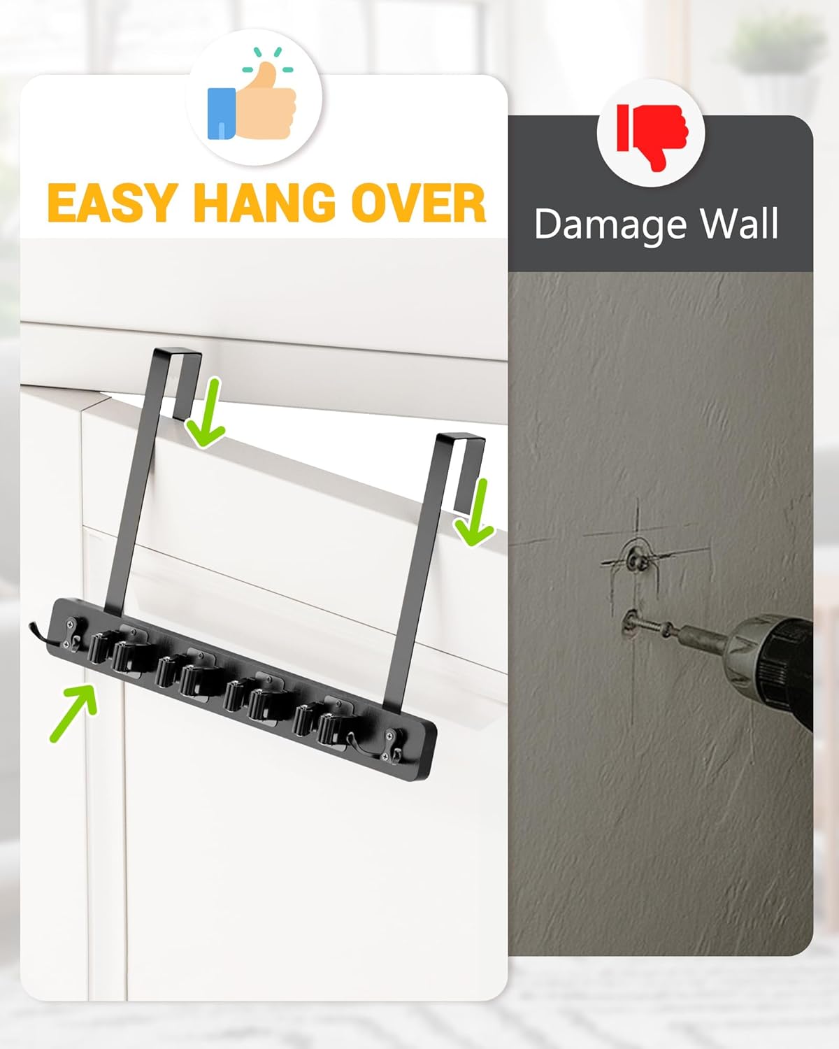 Lorbro Broom Holder Door Mount, Over the Door Broom and Mop Holder with 2 Over Door Hooks, Wood Broom Hanger, Tool Rack Organizer for Laundry, Garage, Closet, Kitchen Decor, 4 Slots & 4 Hooks Rustic