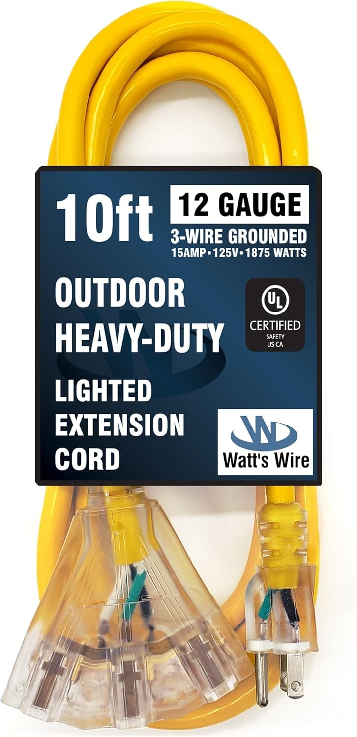 10 ft - 12 Gauge Heavy Duty Extension Cord - 3 Outlet Lighted SJTW - Indoor/Outdoor Extension_Cord by Watt's Wire - 10' 12-Gauge Grounded 15 Amp ExtensionCord Splitter