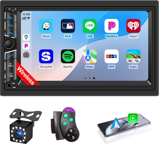 7 in Double DIN Car Stereo Radio with Wireless Apple CarPlay, Car Audio Receivers with Android Auto, 7" IPS Touchscreen, Car Stereo with Bluetooth, HD Backup Camera, FM Receiver, GPS,180W Audio Output