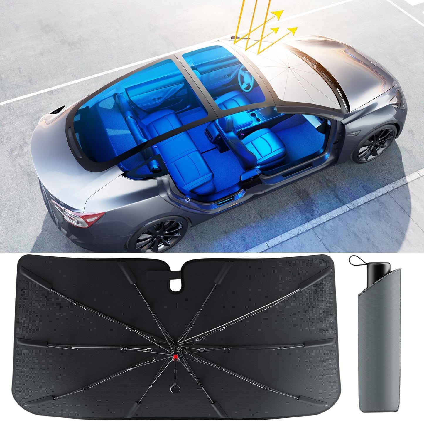 [Updated Version] Car Windshield Sun Shade, [Effective Keep Cool] Spring Structure Umbrella Sunshade for Cars Windshield, Protect from Sun Rays, Heat Damage and Protect Interior