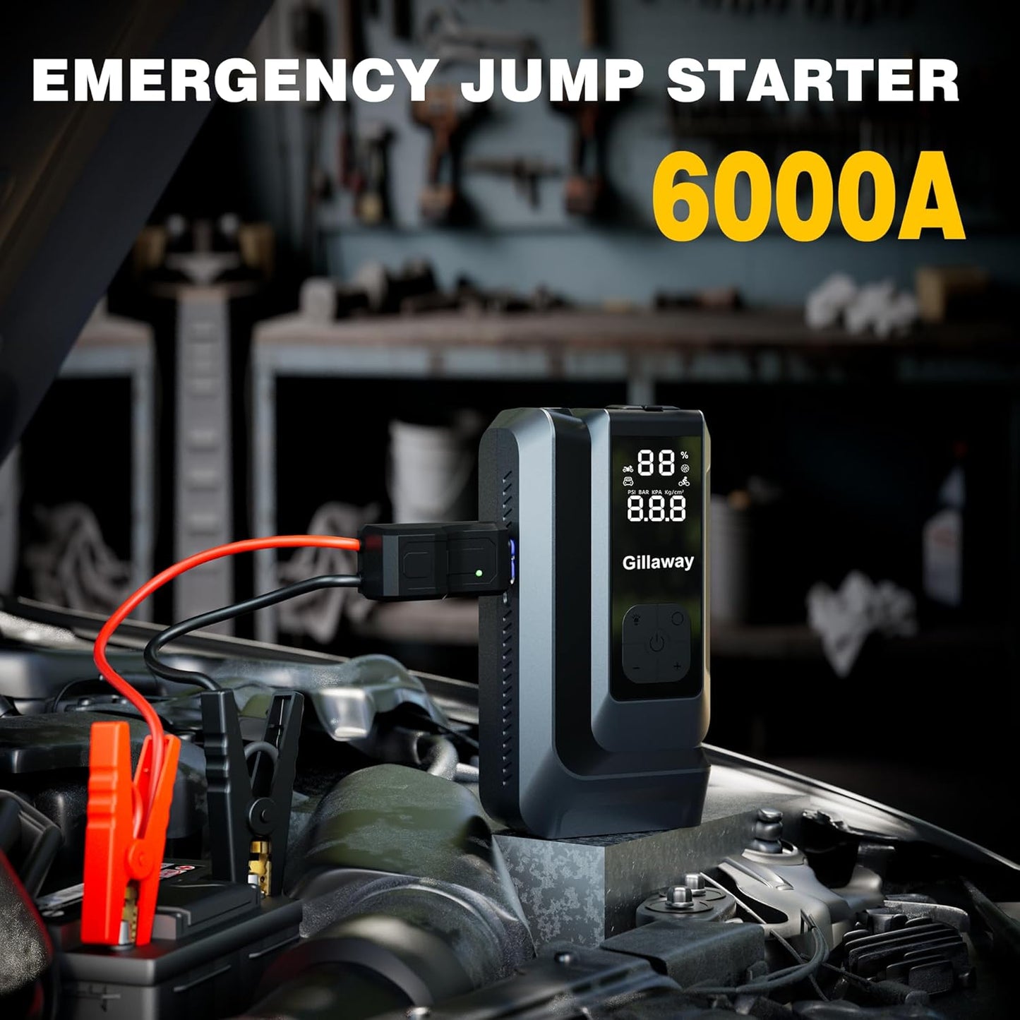 7-in-1 Jump Starter 6000A Car Jumper Starter Portable with 150PSI Portable Air Compressor, 12V Car Battery Charger, Tire Inflator, Flashlight, Power Bank