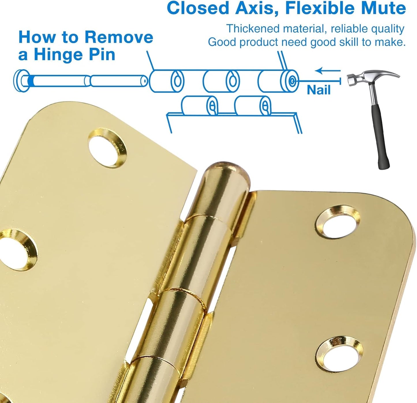 3 Pack Rounded Door Hinges 3-1/2" x 3.5 inch, 5/8 Radius, Polished Brass 3 ½ Inch Gold House Interior Hinge for Bed/Living/Guest/Pantry/Storage/Study/Work Room Doors Heavy Duty Steel Hardware Kit