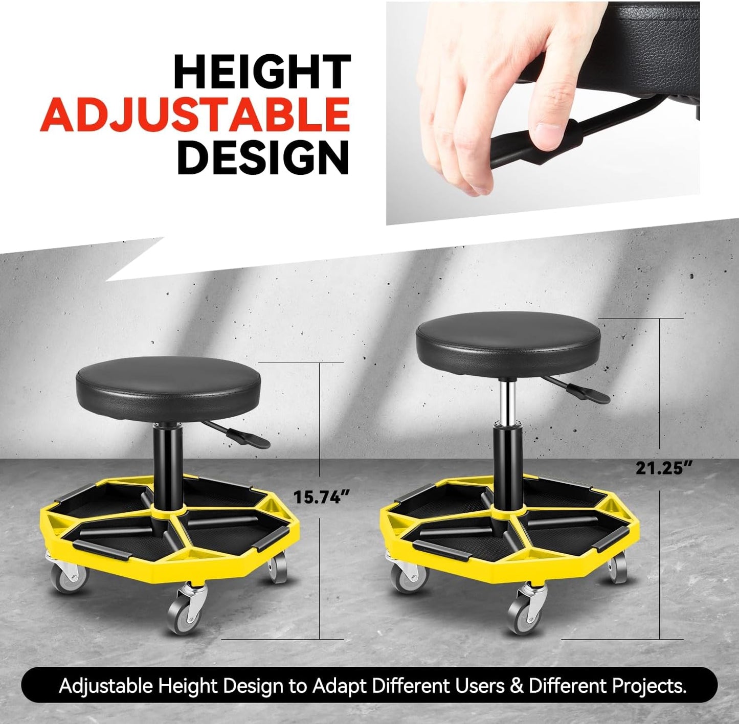 Auto Dynasty Mechanic Stool, Adjustable Rolling Pneumatic Creeper Garage Shop Seat with Tool Tray, 300 LBS Roller Seat for Workshop Auto Repair, Adjustable Height 15.7" to 21", Yellow