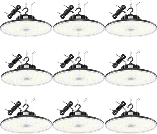 BBESTLED 9 Pack LED High Bay Lights 240W 33,600LM 5000K, Dimmable UFO LED High Bay Shop Light, UL DLC Listed, IP65 Waterproof Commercial Warehouse Lights for Gyms Garage Workshop Barn Factory