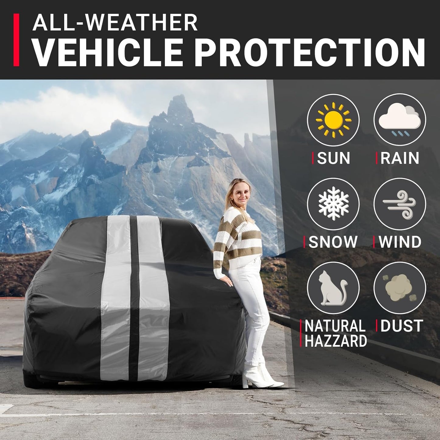 iCarCover Custom Car Cover for Chevy Monza Coupe (1975-1981) Waterproof All Weather Rain Snow UV Sun Protector Full Exterior Indoor Outdoor Car Cover (Stripe - Black/Gray)