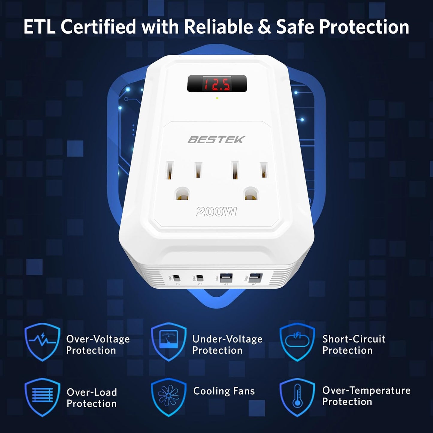 BESTEK 200W Car Power Inverter - DC 12V to 110V AC Converter with 2 USB-C(30W) and 2 USB-QC(18W) - Fast Car Charger Adapter with LCD Screen, Dual AC Adapter for Laptops