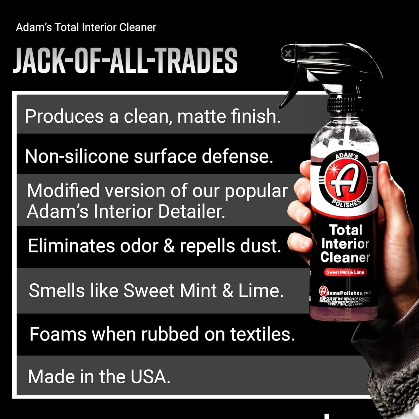Adam's Polishes Total Interior Cleaner & Protectant, Quick Detailer & SiO2 Protection, Ceramic Infused, Anti-Static, OEM Finish, For Leather, Vinyl, Plastics, Glass & More