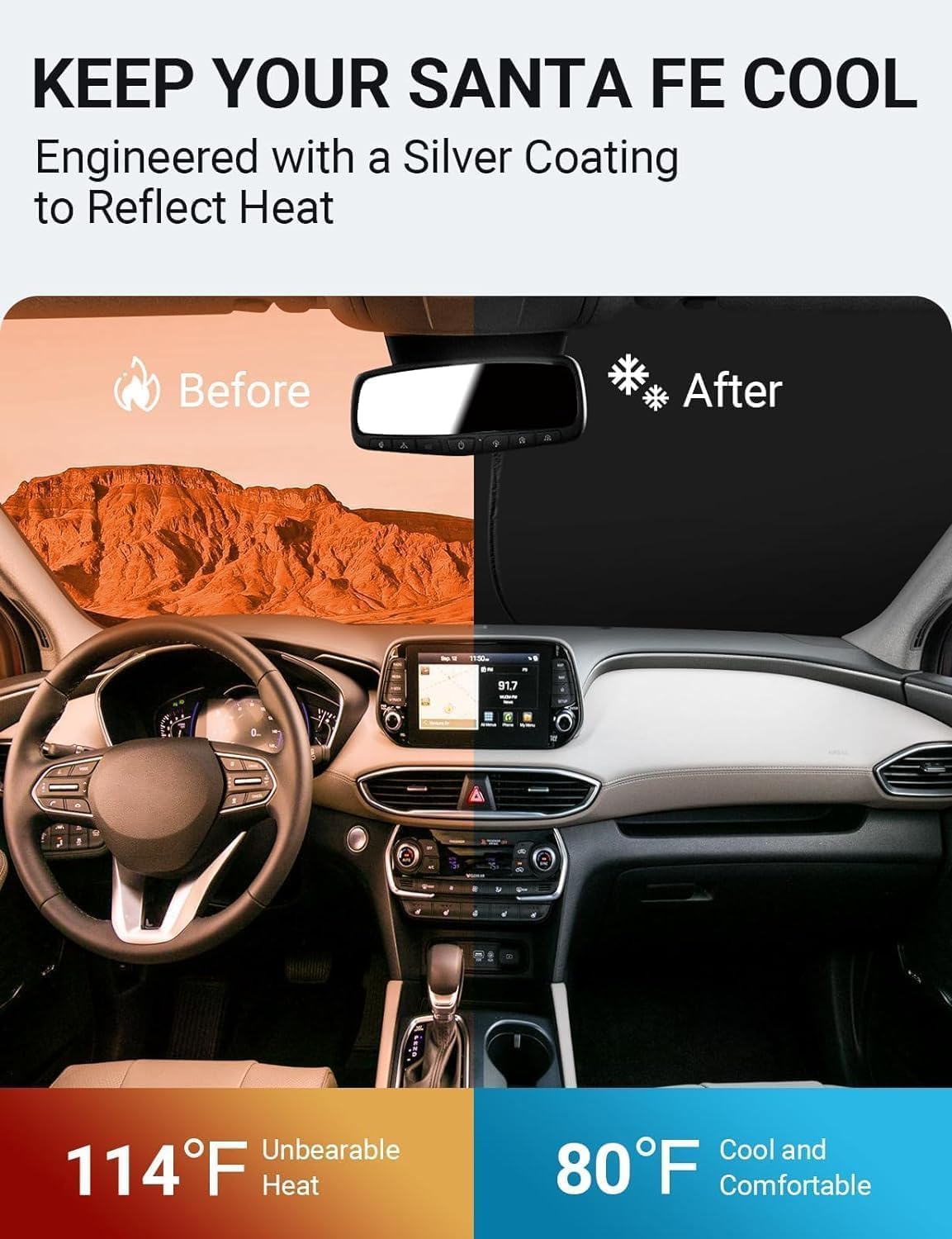 Proadsy for Hyundai Santa Fe 2019-2025 Windshield Sun Shade 4-Layer Foldable Front Sunshade Protector Sun Visor Blocks UV Rays Keep Car Cooler