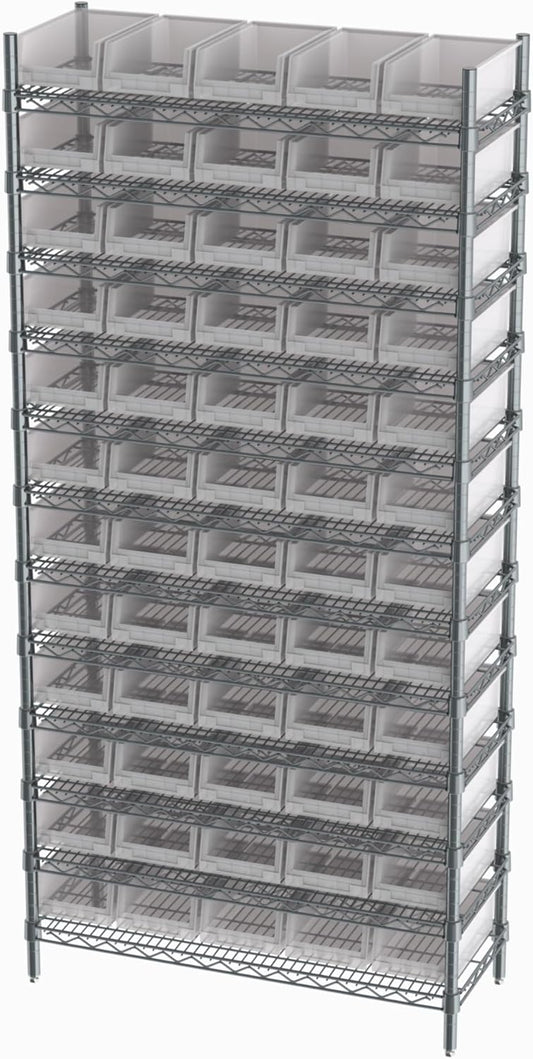 Hudson Exchange 36x14x74, 12-Tier (60 Bins Included), Industrial Wire Shelving Unit with Storage Shelf Bins, Chrome Rack (Clear)