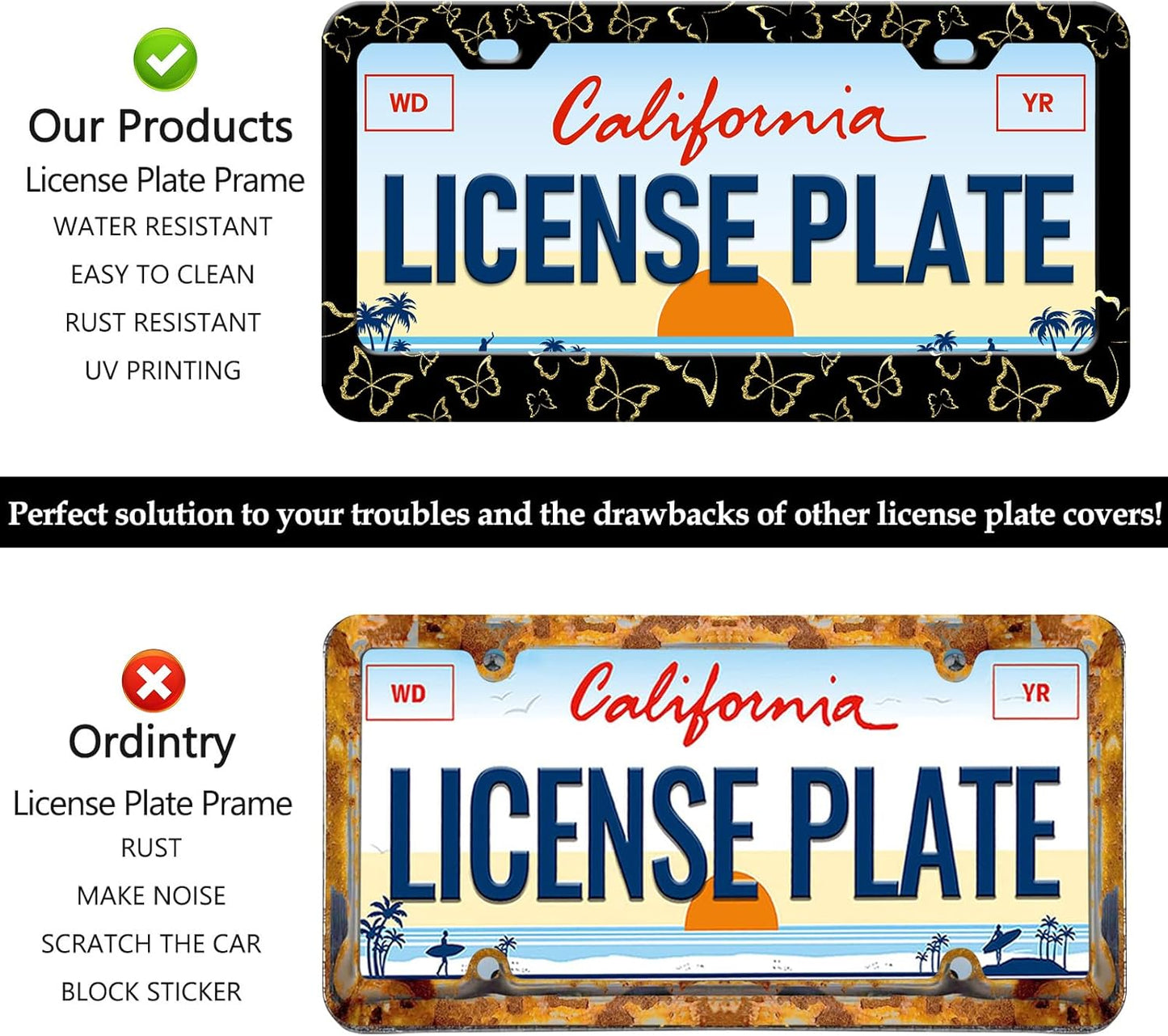 Golden Butterfly License Plate Frames - 2 Pack Beautiful Butterfly Stainless Steel License Plate Holder,Rust-Proof Waterproof Car Decorative Tag Frame with Screws Fasteners Caps