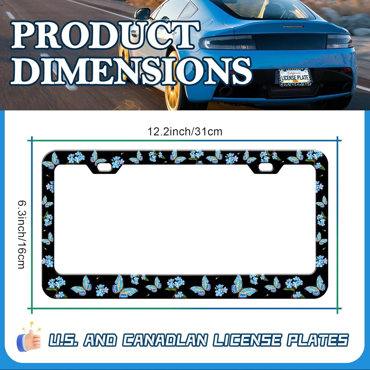 Blue Flower Butterfly License Plate Frames - 2 Pack Beautiful Butterfly Stainless Steel License Plate Holder,Rust-Proof Waterproof Car Decorative Tag Frame with Screws Fasteners Caps