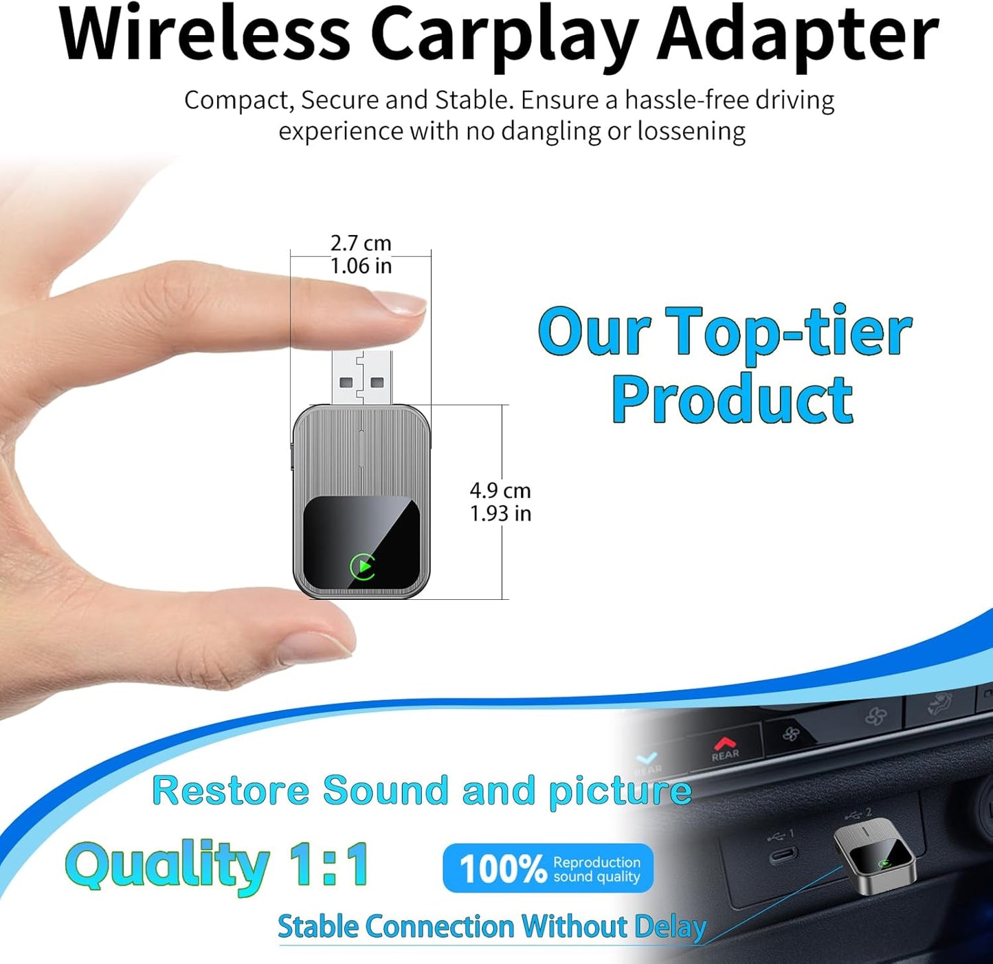 Wireless CarPlay Adapter-2025 Upgrade Built-in Wired CarPlay to Car Play Wireless Easy Use Plug&Play Fast Stable Connection Mini USB&Reset Button Design for Cars After 2016 (Only for iPhone)