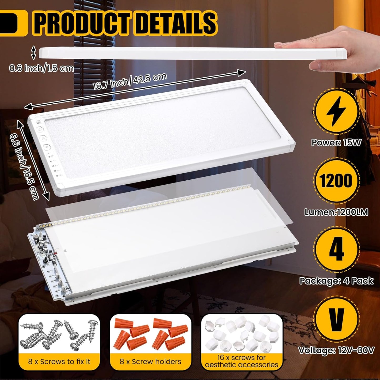 4 Pack RV Ceiling Lights Interior 16.7"x 6.6" 156 LEDs 1200 Lm RV LED Lights Interior 12v with 5 Levels of Dimming and 3 Color Temperature for Trailer Boat Car Camper