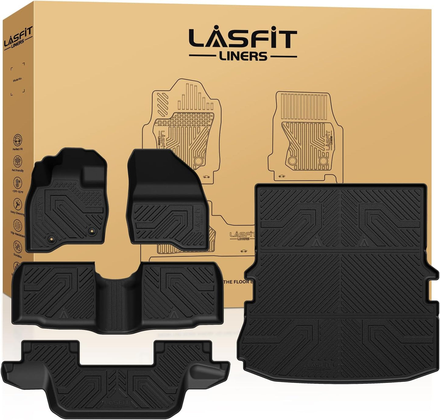 LASFIT Floor Mats & Cargo with Backrest Mat for Ford Explorer 2015-2019 7 Seats All Weather Protector TPE Easy Clean Car Floor Liner Custom Fit for 5-pc Full Set Black