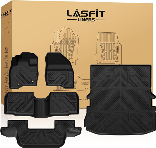 LASFIT Floor Mats & Cargo with Backrest Mat for Ford Explorer 2015-2019 7 Seats All Weather Protector TPE Easy Clean Car Floor Liner Custom Fit for 5-pc Full Set Black