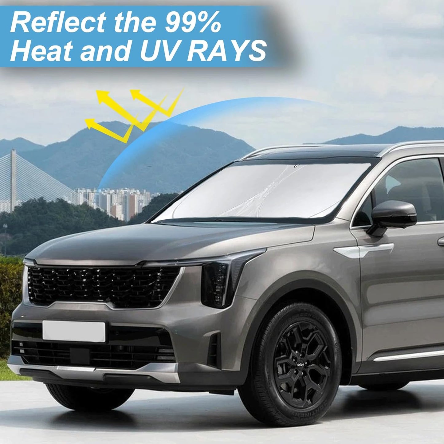 Custom Fit Sorento Windshield Sunshade for 2021-2024 2025 2026 KIA Sorento Front Window Shades Cover for Windshield Sun Visor Protector 210T Reflector Block Heat and Sun Protection Cooler Accessories