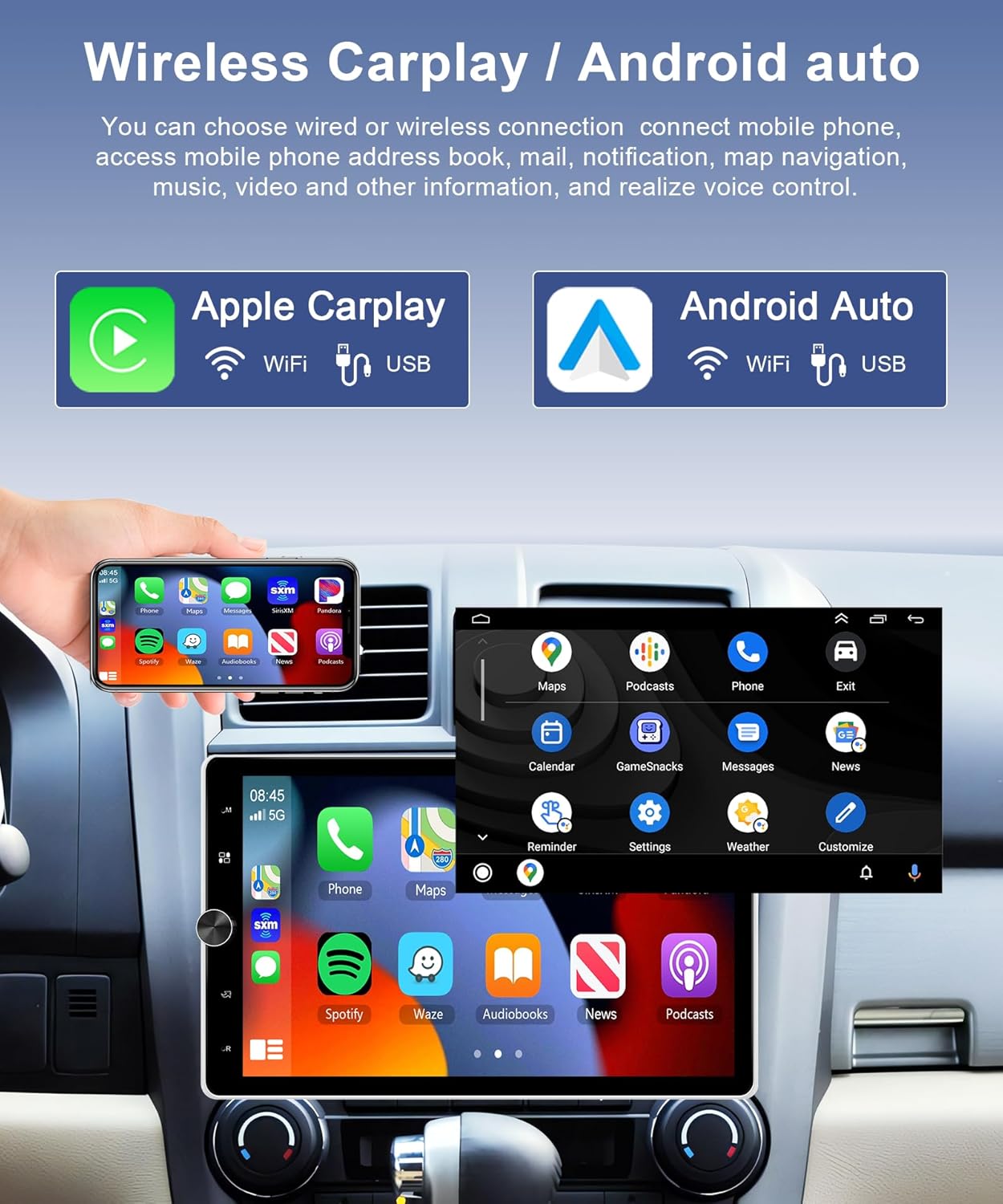 Motorized 2G+64G Single Din Radio with Wireless Carplay -10.4inch HD Vertical Rotatable Touch Screen- Wireless Android Auto FM/RDS EQ GPS Bluetooth with WiFi 50UIs USB MirrorLink Backup Camera